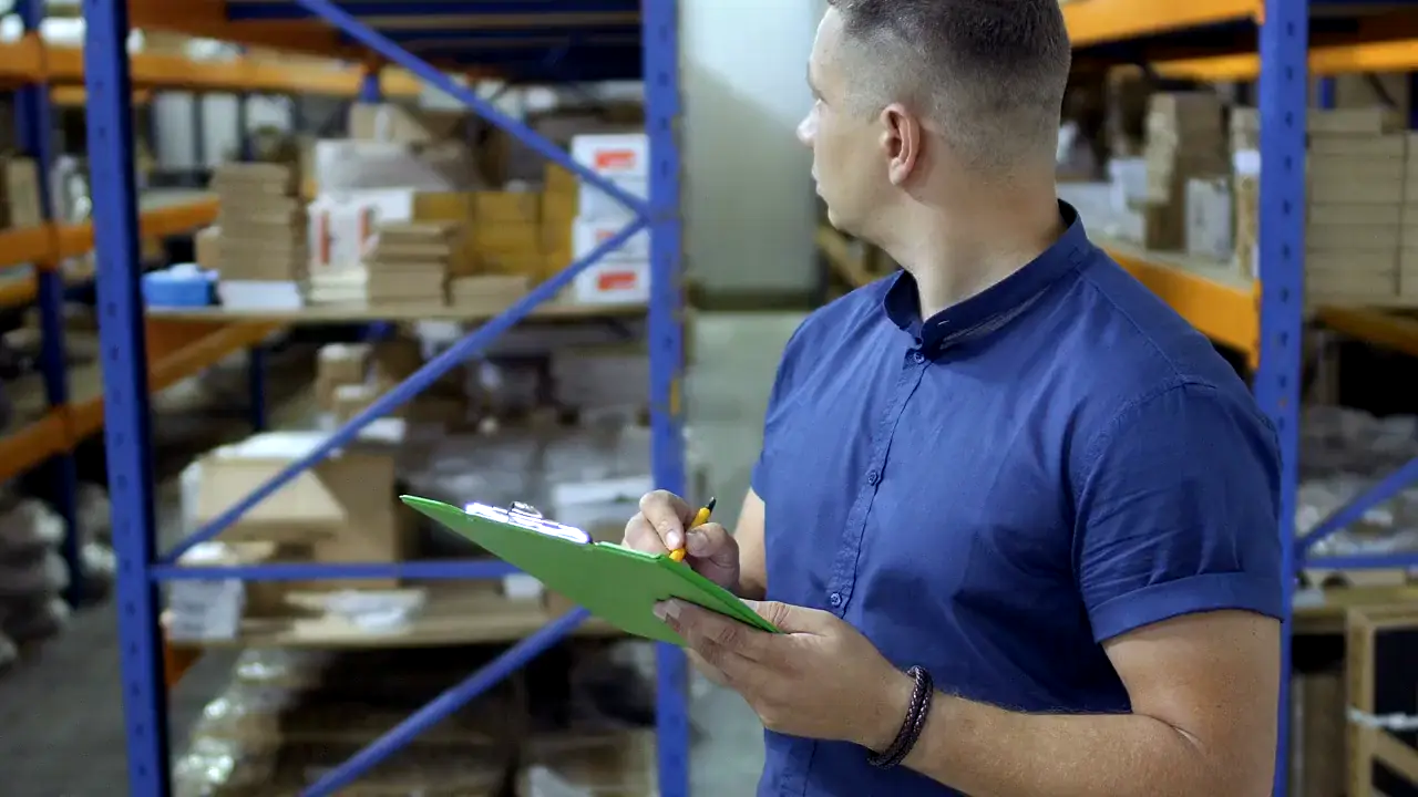 Pessoa conferindo produtos em um depósito, exemplo de controle de estoque
